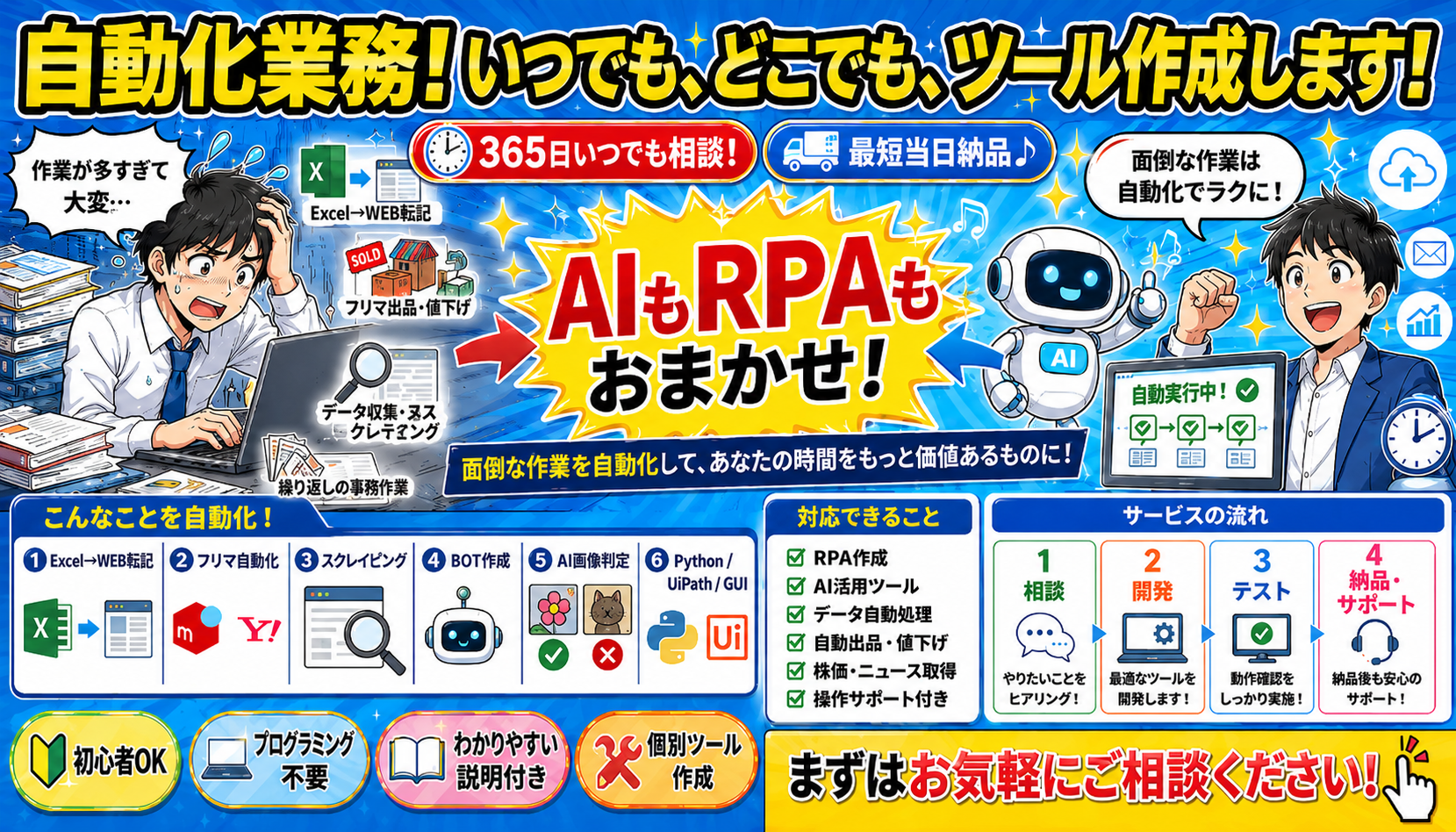 自動化業務！いつでも、どこでも、ツール作成します！